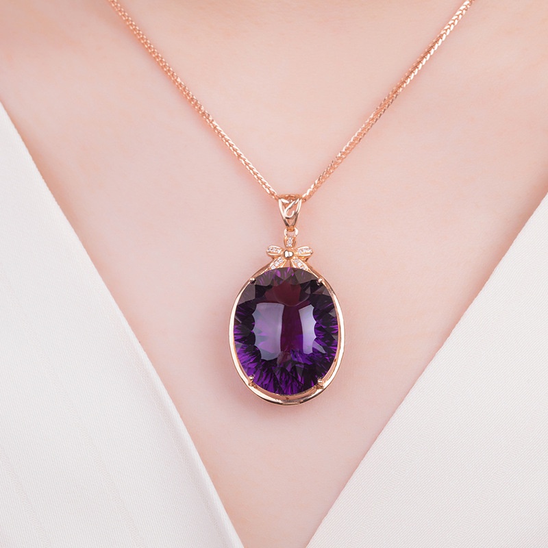 ♥Bộ Dây Chuyền + Nhẫn + Bông Tai Hình Oval Đính Đá Thạch Anh Tím Sang Trọng