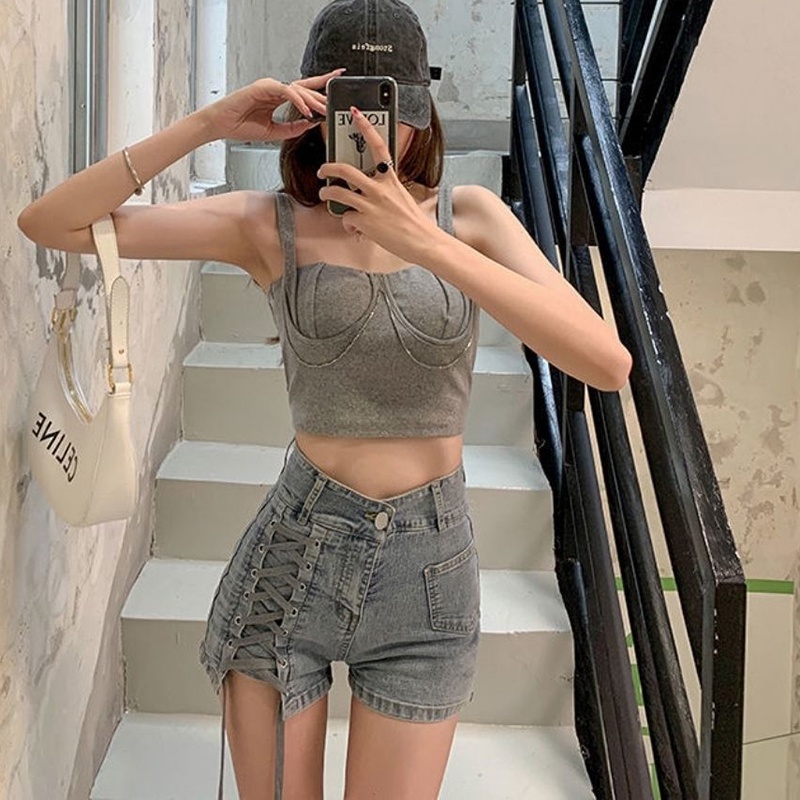 IELGY    Quần Short denim Lưng Cao Co Giãn Phối Dây Thời Trang Dành Cho Nữ