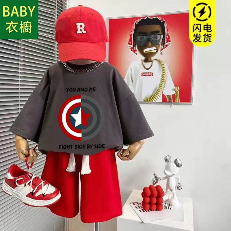 Bộ Áo Thun Cotton + Quần Ngắn Phong Cách Đường Phố Thời Trang Cho Bé Trai