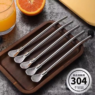 304 stainless steel straw spoon coffee mixing spoon filter straw tea hot drink spoon beverage juice straw spoon wholesale