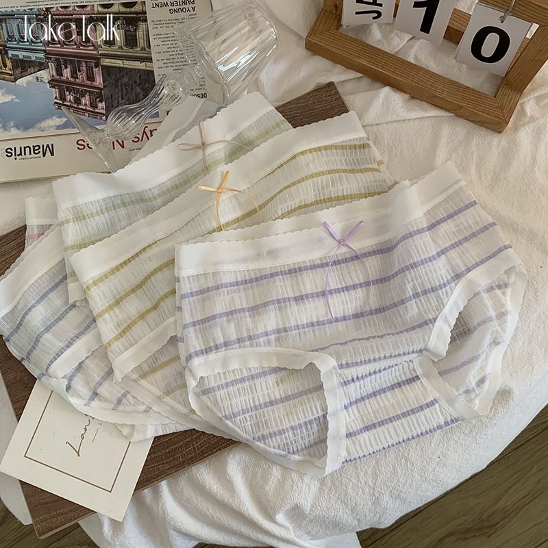 Quần lót ren TAKETALK mềm mại co giãn thoáng khí họa tiết sọc cầu vồng tương phản phong cách Nhật Bản cho nữ