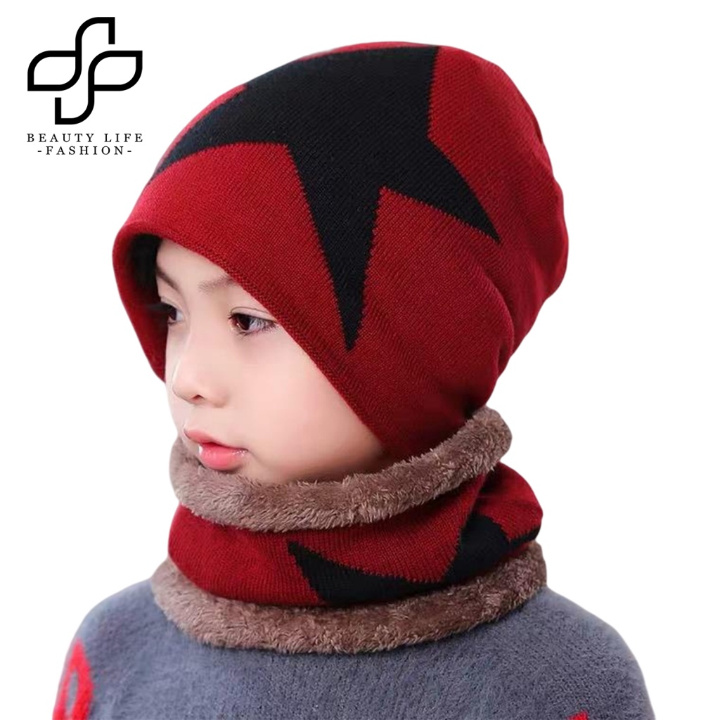 Bộ 2 Món Mũ Beanie Dệt Kim + Khăn Choàng Cổ Co Giãn Tốt In Họa Tiết Ngôi Sao Xinh Xắn Cho Bé