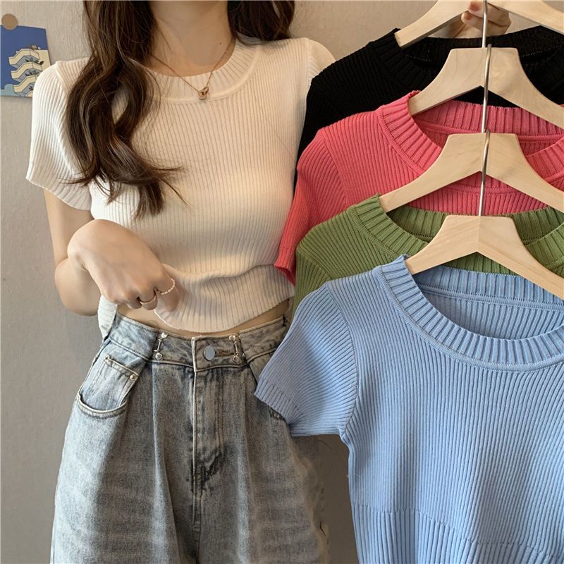 Áo Thun croptop Dệt Kim Tay Ngắn Cổ Tròn Dáng Ôm Thời Trang Mùa Hè Hàng Mới 2023 Dành Cho Bạn Nữ