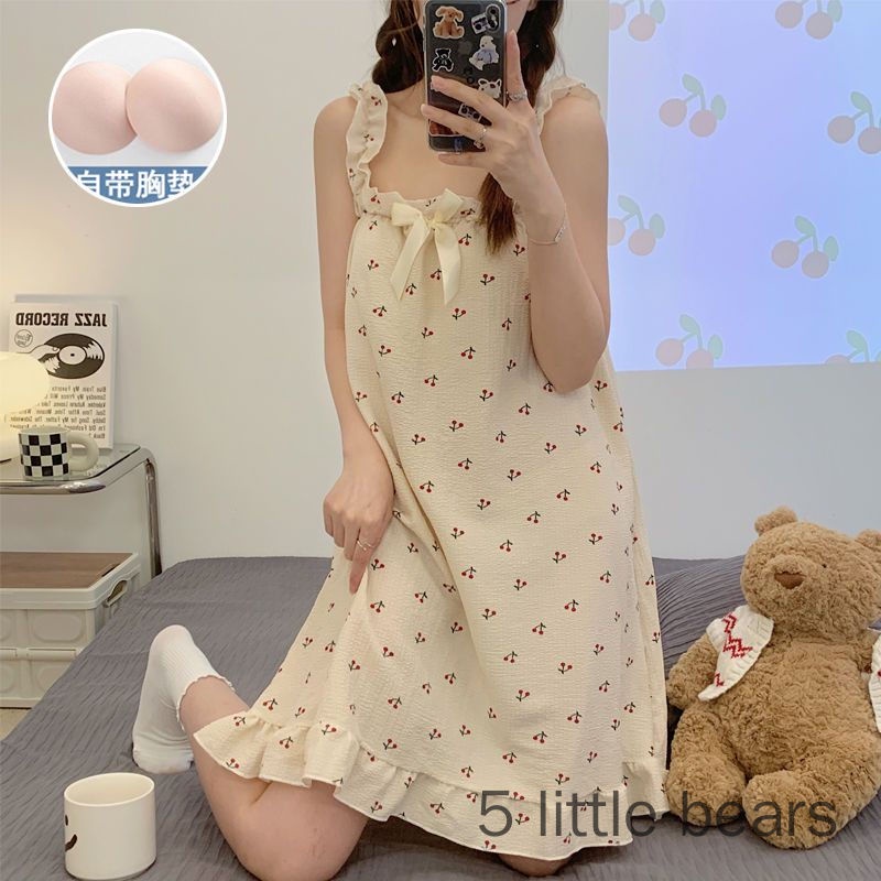 Đầm Ngủ Hai Dây Cotton Nguyên Chất Có Đệm Ngực Phong Cách Công Chúa Mùa Hè Bán Chạy Cho Nữ