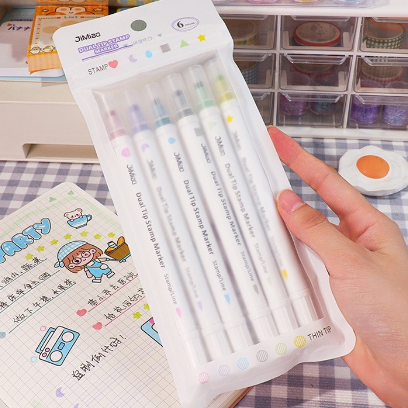 Bộ 6 Bút Đánh Dấu Hai Đầu Nhiều Màu Sắc Dùng Vẽ Tranh Trang Trí DIY Dành Cho Trẻ Em