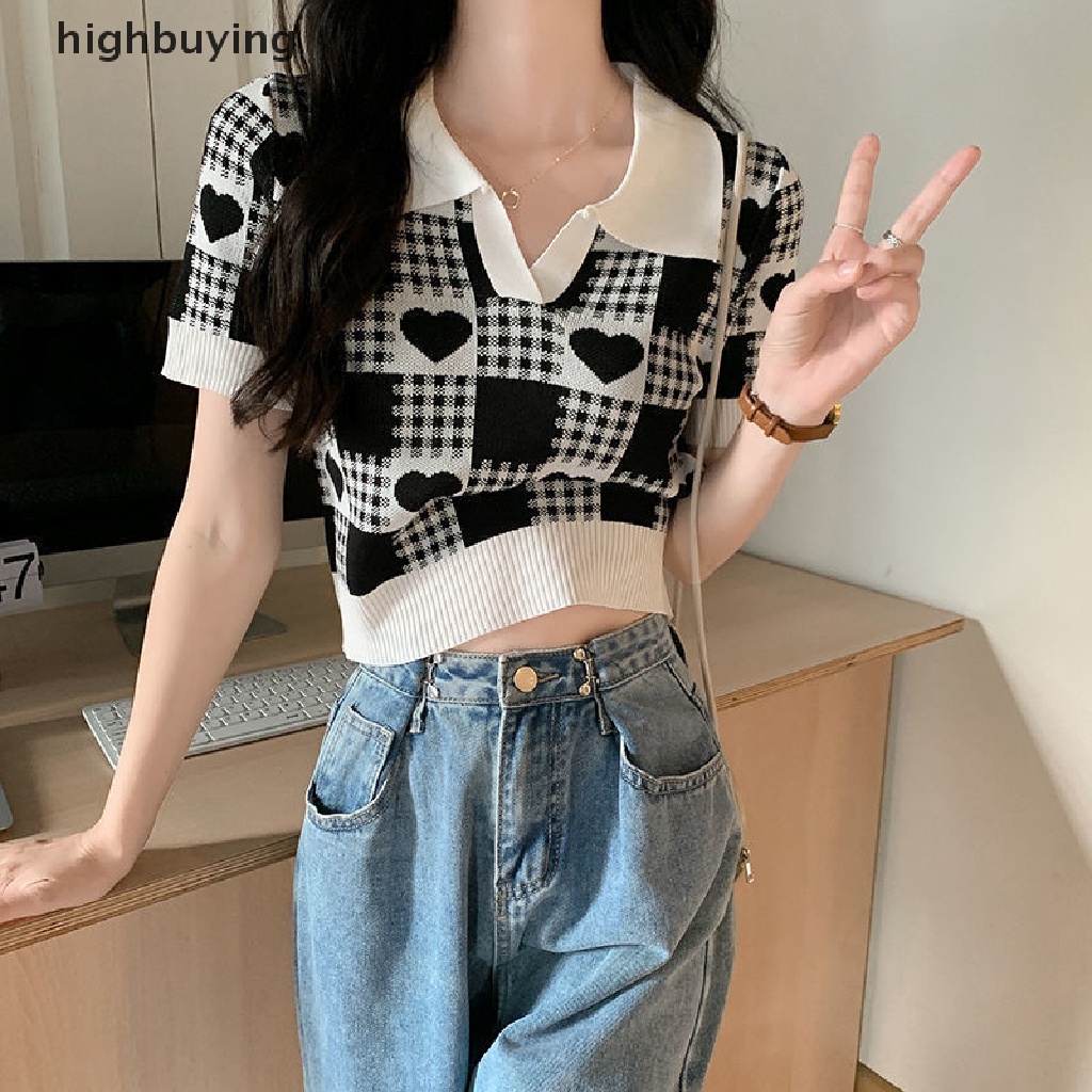 Áo Croptop Dệt Kim Tay Ngắn Cổ Polo Họa Tiết Caro Và Trái Tim Thời Trang Mùa Hè Cho Nữ