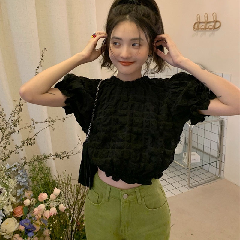 IELGY   Áo Sơ Mi Tay Phồng Màu Trắng Thiết Kế Đơn Giản Dành Cho Nữ