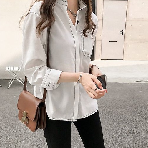 Linki Áo Sơ Mi Nữ Dài Tay Dáng Rộng Màu Trơn Phong Cách Retro Thời Trang