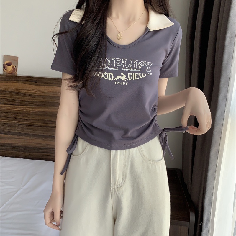 COZOK Áo Thun Ngắn Tay Dáng Ôm Phối Dây Rút In Chữ Cá Tính