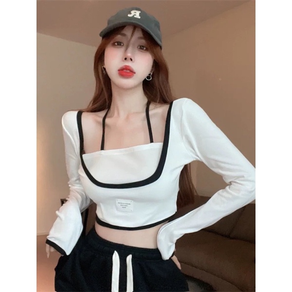 Áo croptop tay dài kèm yếm, dáng ôm body gợi cảm siêu xinh  GB alohashop91