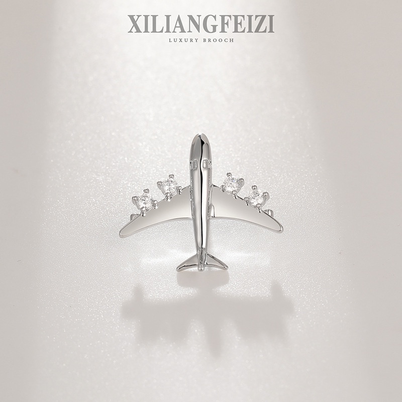 XILIANGFEIZI Ghim Cài Cổ Áo Hình Máy Bay Bằng Bạc Zircon Chống Lóa Thời Trang Cho Nam Và Nữ