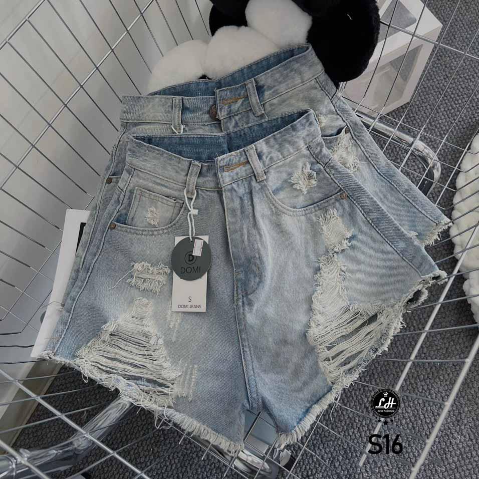 Quần short jean màu xanh cạp cao rách nhìu tua rua cá tính Lê Huy Fashion MS S16