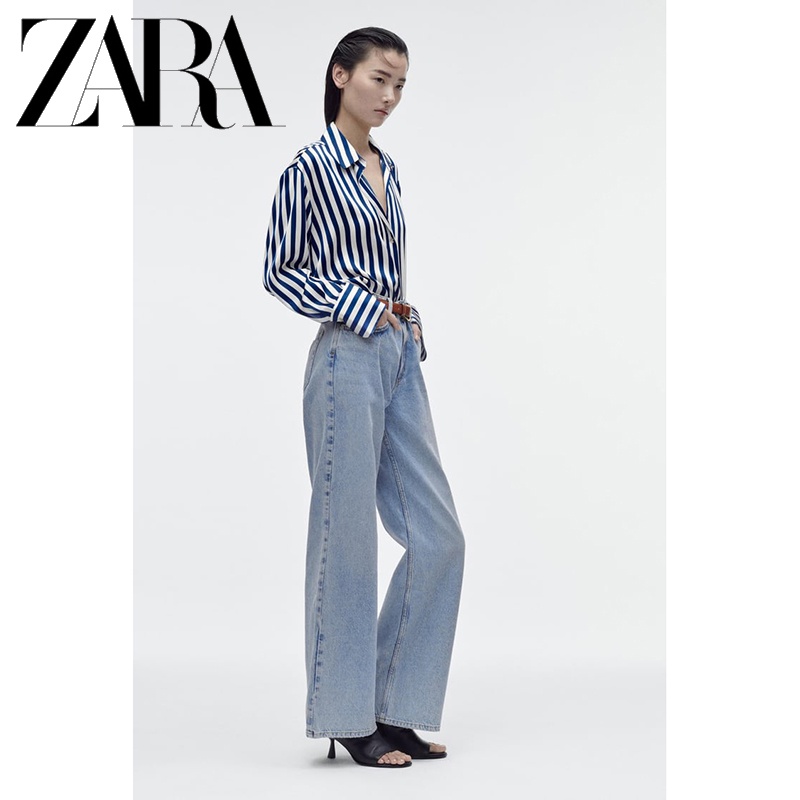 Zara Áo Sơ Mi Vải Lụa satin Kẻ Sọc Thời Trang Mùa Xuân Cho Nữ