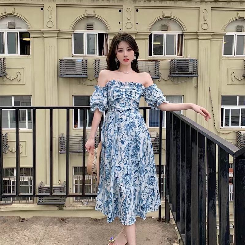 Đầm Ngắn Hai Dây Không Đều Họa Tiết Hoa Màu Xanh Dương Phong Cách Hàn Quốc Kiểu Mới Cho Nữ