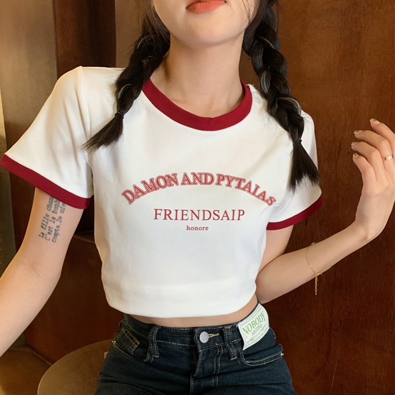 IELGY Áo Thun Cổ Tròn In Họa Tiết Màu Sắc Tương Phản Thời Trang Cho Nữ