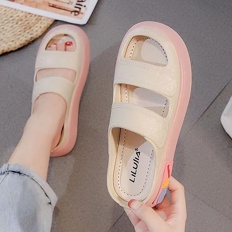 Sandal nữ Giày búp bê dép quai ngang giày lười nữ đi biển Trắng