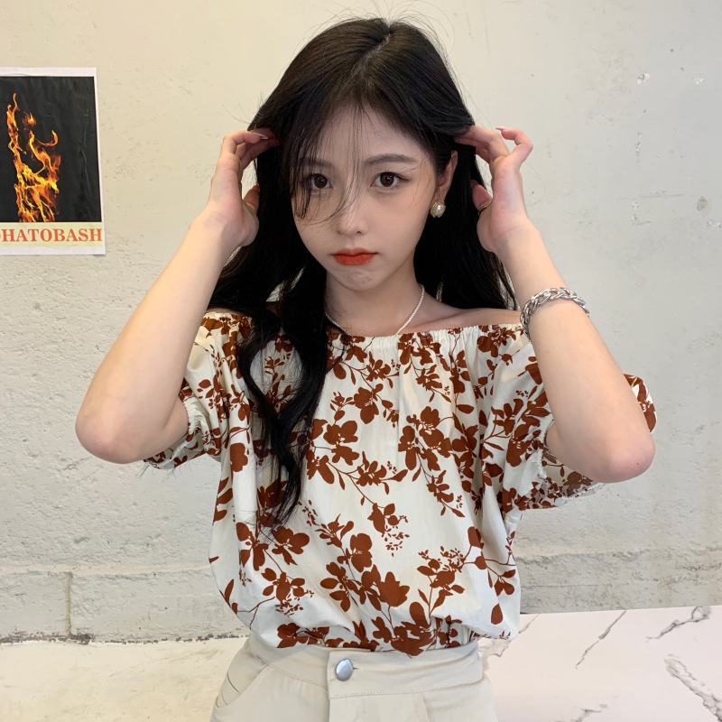 IELGY    Áo Sơ Mi Tay Ngắn Dáng Rộng Họa Tiết Hoa Phong Cách Hàn Quốc Cho Nữ