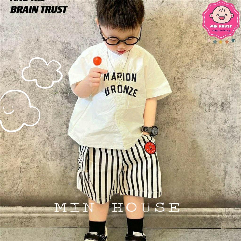(10-20kg) Set áo đũi cara phối quần thô kẻ sọc phong cách Hàn Quốc cho bé trai diện hè, đi học, đi chơi