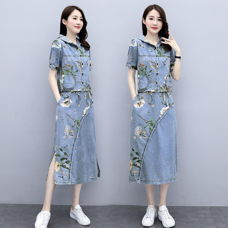 Set Áo Thun Ngắn Tay Cổ Tròn + Chân Váy Jeans Dài Thời Trang Nữ Mới