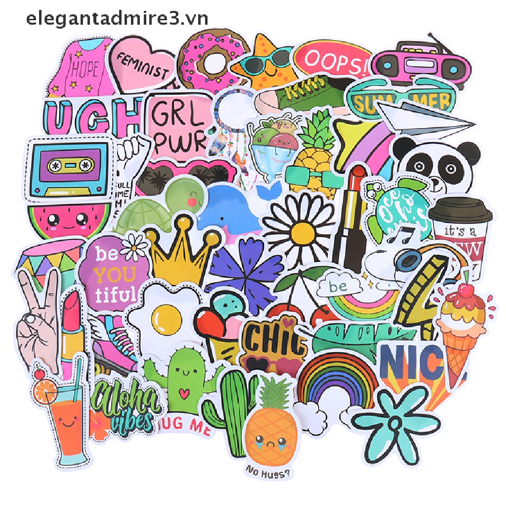 Bộ 50 Miếng Dán Hoạt Hình Dễ Thương Trang Trí Laptop Vali Guitar Ván Trượt