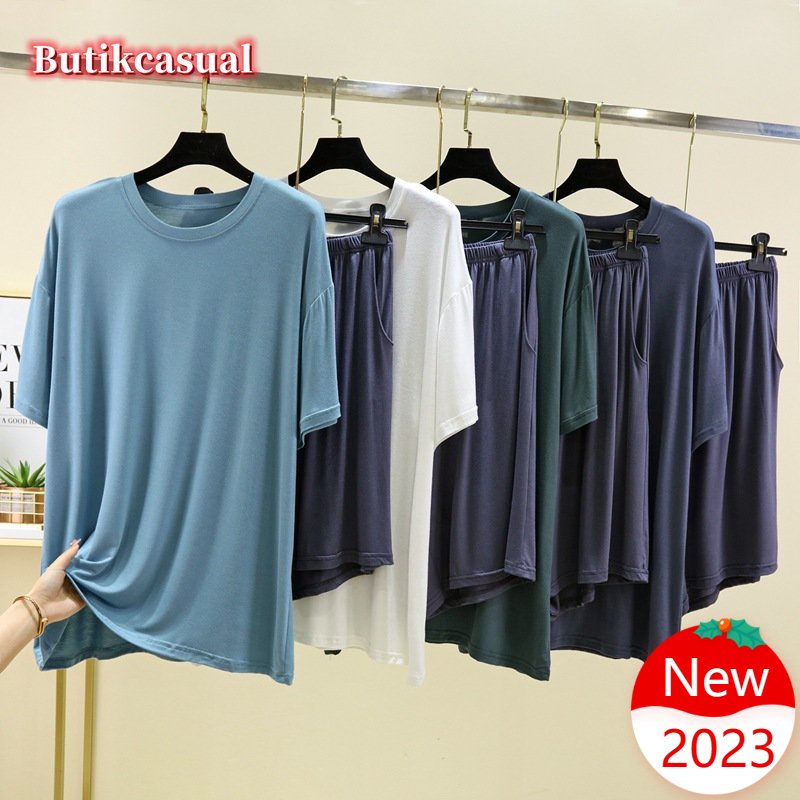 Bộ Đồ Ngủ 2 Món Gồm Áo Cotton Trơn Cổ Tròn Và Quần Ngắn Thoải Mái Cho Nam