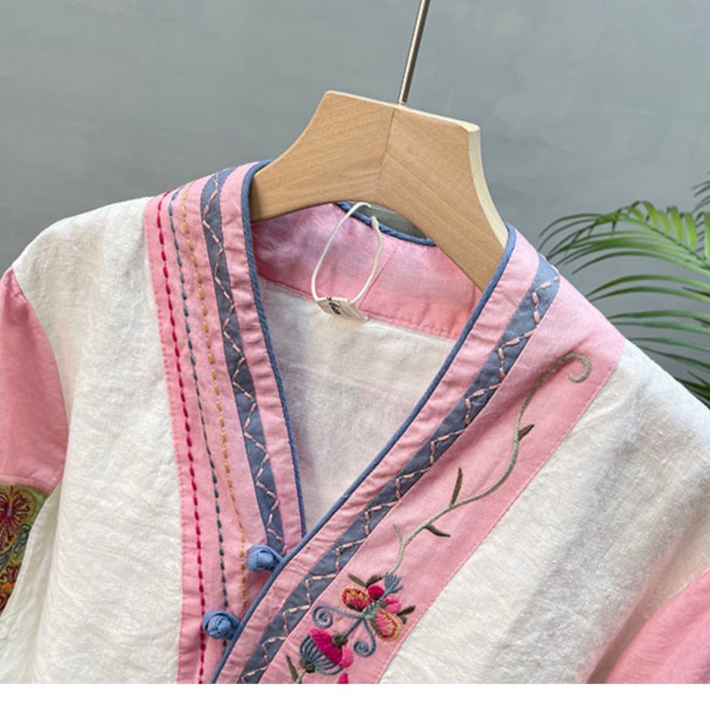 Áo Kiểu Vải Lanh Tay Dài Cổ Chữ V Phối Tua Rua Thêu Họa Tiết Phong Cách Retro