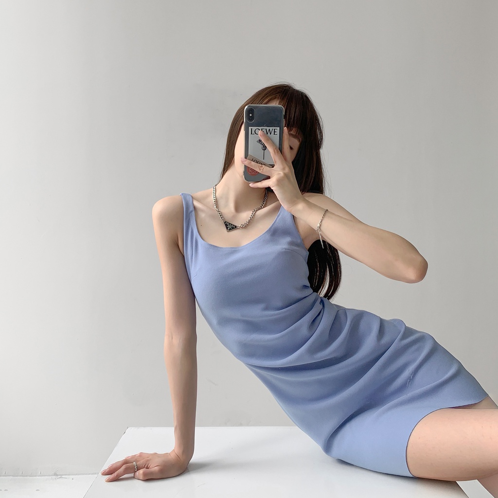 C & M Đầm Ôm Dáng Không Tay Cổ Chữ U Xếp Ly Màu Sắc Tinh Khiết Mùa Hè