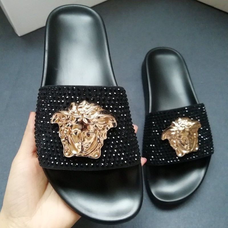 Dép Versace * Medusa Quai Ngang Đính Kim Cương Giả Phong Cách Đường Phố Cho Cặp Đôi