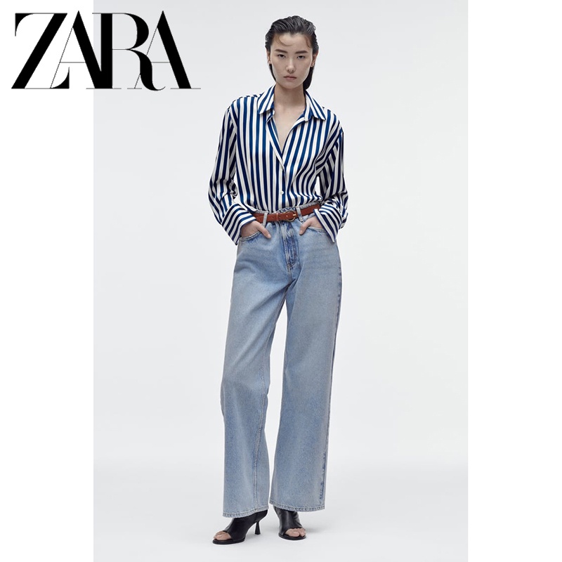 Zara Áo Sơ Mi Vải Lụa satin Kẻ Sọc Thời Trang Mùa Xuân Cho Nữ