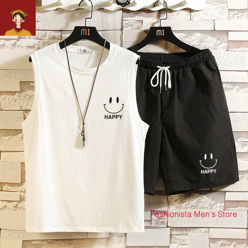 Set Áo Thun Ba Lỗ + Quần Short In Hình Mặt Cười Plus Size Thời Trang Mùa Hè Cho Nam