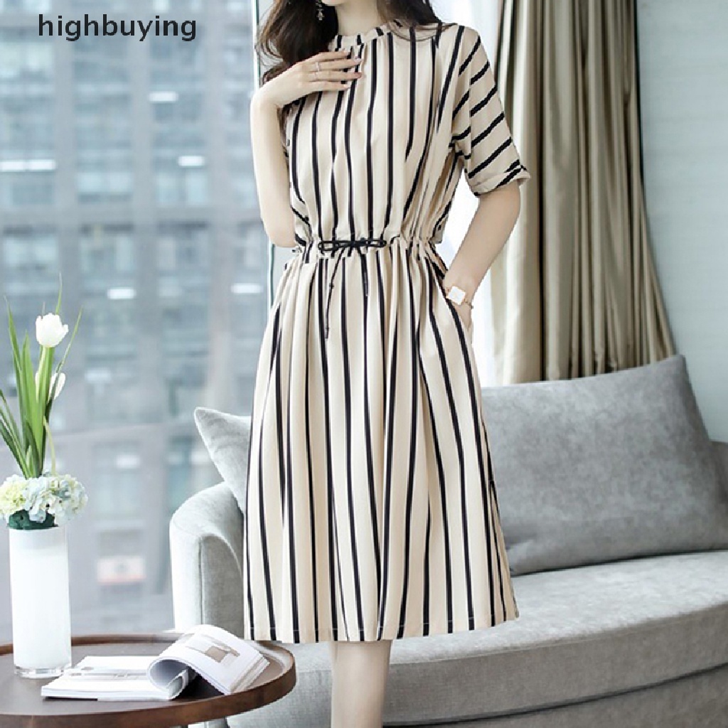 Hbvn Belle Đầm Midi Cổ Tròn Tay Lỡ Phối Túi Họa Tiết Kẻ Sọc Thời Trang Thu Hè Hàn Quốc Thanh Lịch Cho Nữ