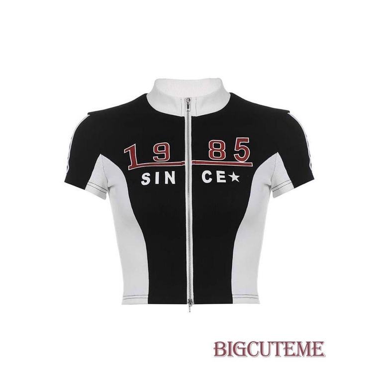 Áo Croptop Dệt Kim Tay Ngắn Cổ Đứng Có Khóa Kéo In Chữ Thời Trang Cho Nữ