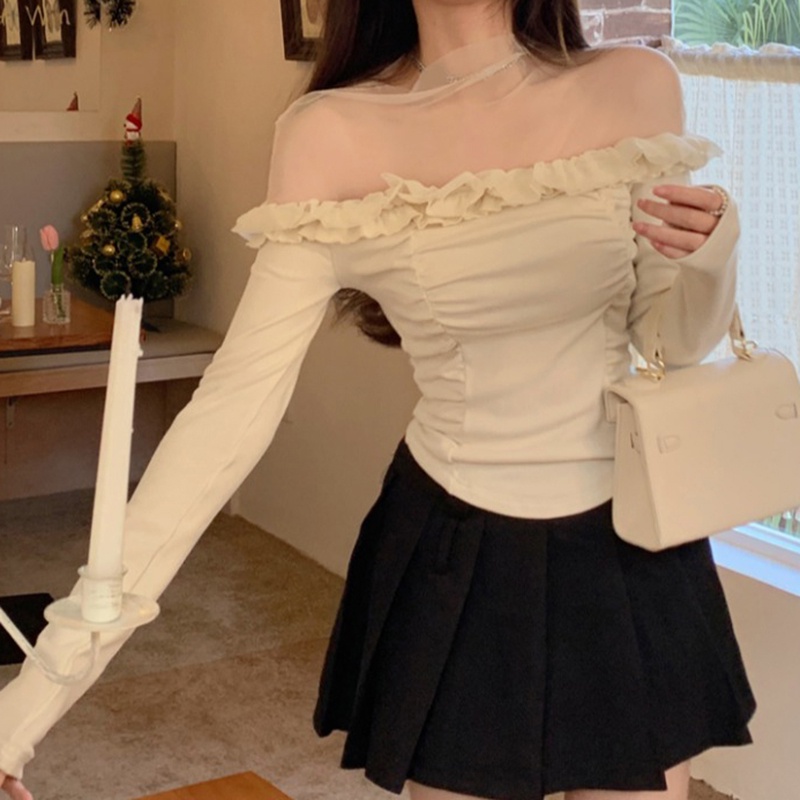 IELGY  Áo Dệt Kim Tay Dài Phối Ren Thời Trang Cho Nữ