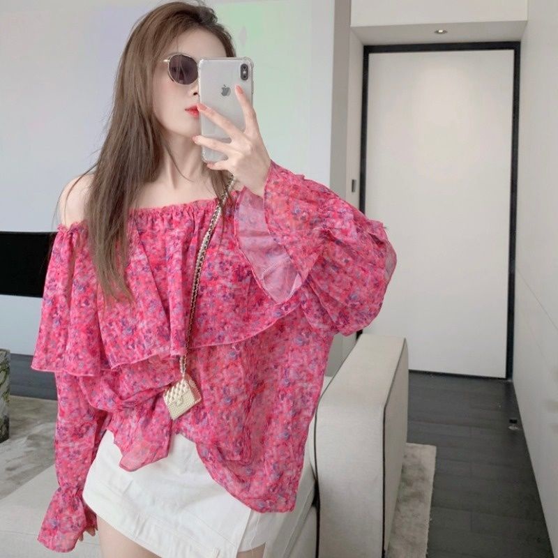 Áo kiểu trễ áo trễ vai Off Shoulder Áo Sơ Mi Chiffon Floral Tay Loe Trễ Vai Dáng Rộng In Hoa Thời Trang Mùa Hè Cho Nữ