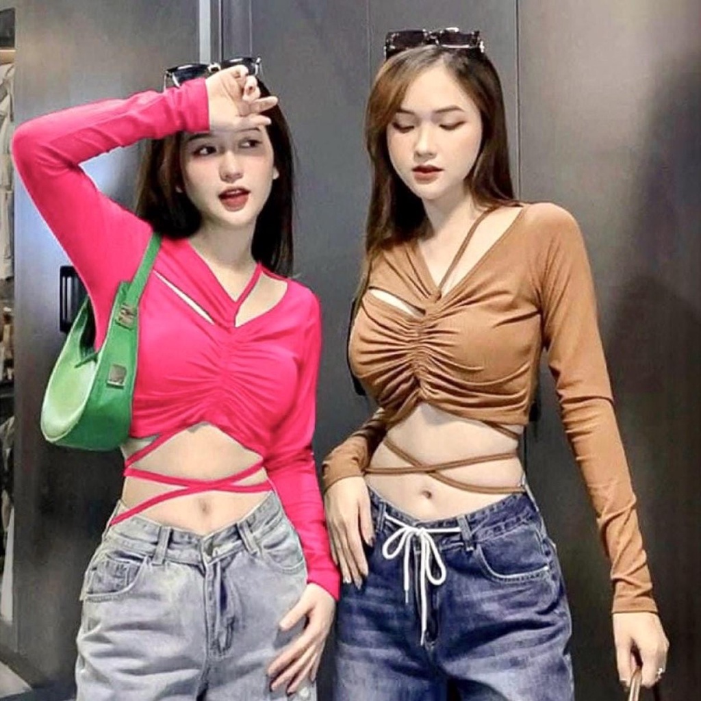 Áo bẹt vai kiểu dễ thương dây quấn eo croptop