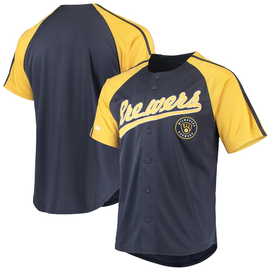 Áo Thun Bóng Chày Cài Nút YP2 2023 MLB Milwaukee Brewers Stitches Màu Xanh Navy-Down Jersey Plus Size PY2