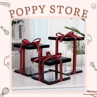 Hộp đựng bánh kem sinh nhật, hộp nhựa mica có nắp, mẫu hộp đen, tặng kèm ruy băng - POPPY STORE