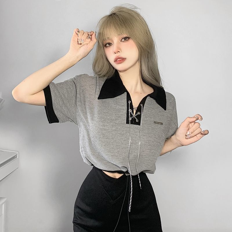 Áo Thun Ngắn Tay Dáng Rộng Phối Dây Xích Cá Tính Dành Cho Nữ