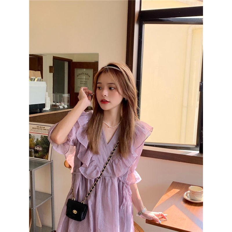 Đầm Cổ Chữ V Phối Dây Rút Thời Trang Hàn Quốc Cho Nữ