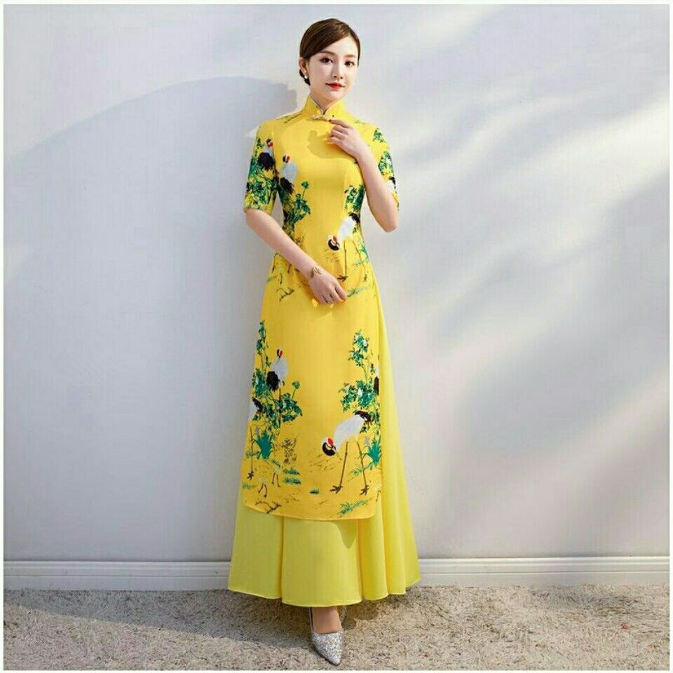 Sườn Xám Cách Tân Dáng Dài Màu Vàng Phong Cách Thời Trang Việt Nam Hàng Mới