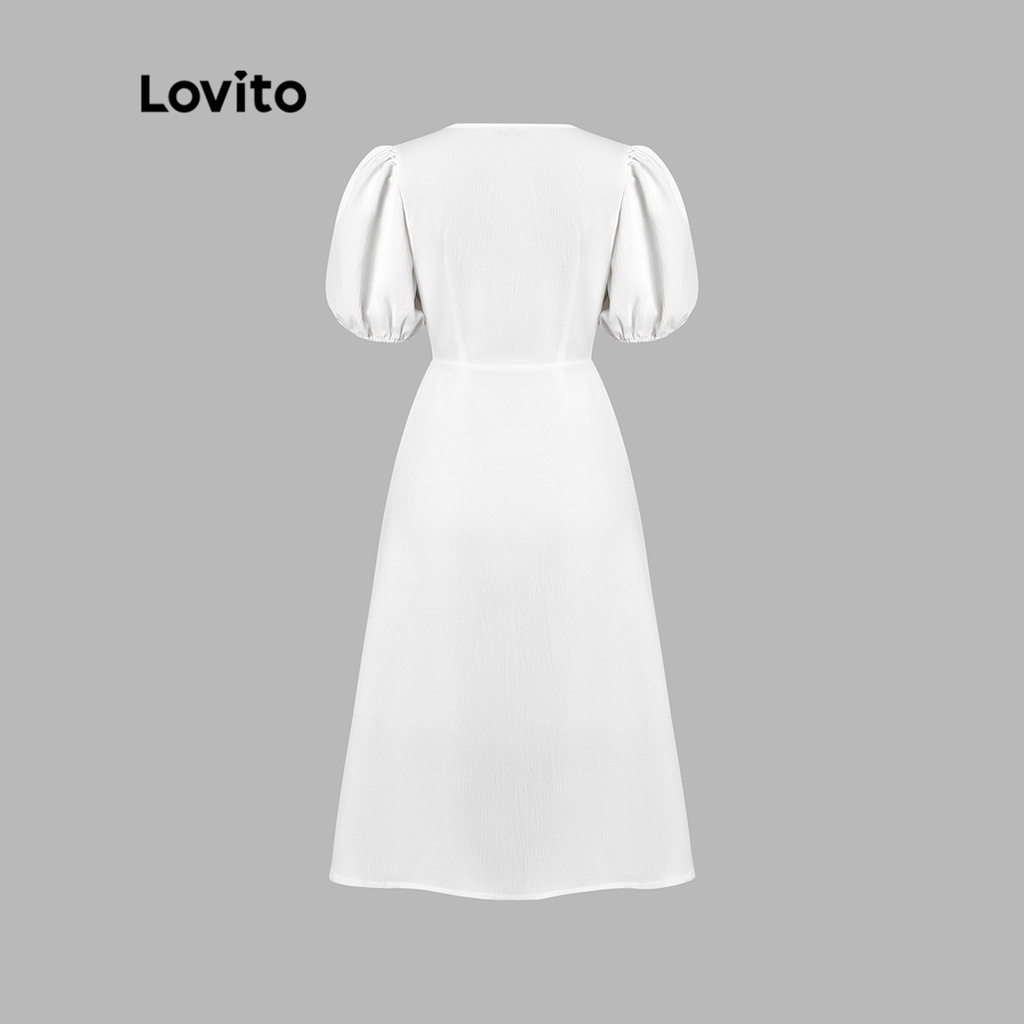 Đầm Lovito Cổ Vuông Phối Nút Thắt Eo Cho Nữ L45AD033 (Trắng)