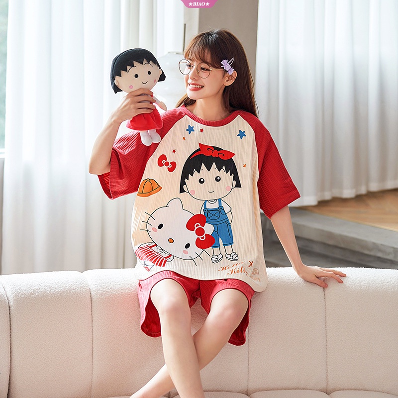 Bộ Đồ Ngủ Áo Thun Tay Ngắn Phối Quần Short In Hoạt Hình Maruko Kiểu Nhật Bản Dễ Thương Cho Nữ