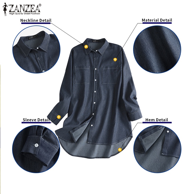 Zanzea Áo Sơ Mi Denim Dài Tay Có Túi Trước Sau Thời Trang Nữ