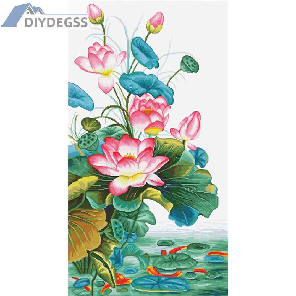 Bộ Tranh Thêu Chữ Thập DIY Hình Chín Con Cá Và Hoa Sen 11CT