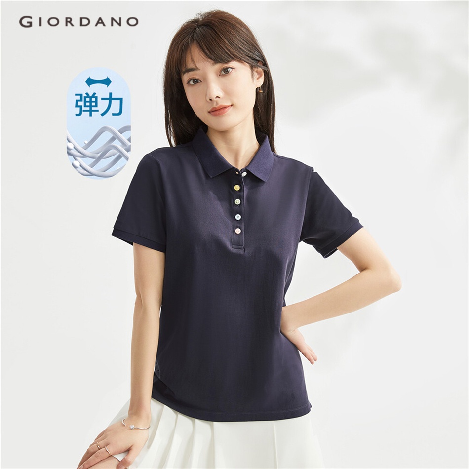 Áo thun polo GIORDANO 05313383 co giãn tay ngắn nút cài màu sắc cầu vồng dành cho nữ