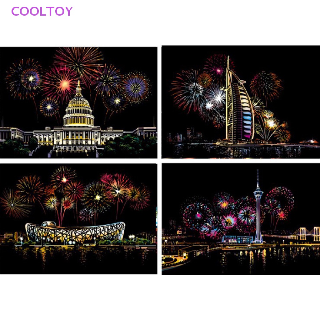 Cooltoy Bưu Thiếp Vẽ Đồ Chơi Nghệ Thuật Thành Phố Đêm Động Vật Cạo Xước Thành Phố Khổ A4 DIY HOT