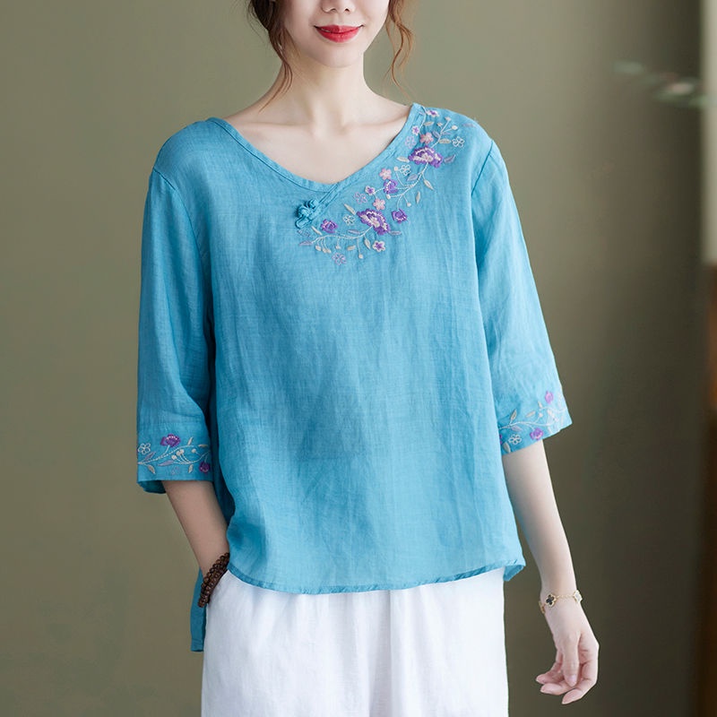 Áo Thun Cotton Tay Lửng Thêu Họa Tiết Cổ Điển Thoải Mái Cao Cấp