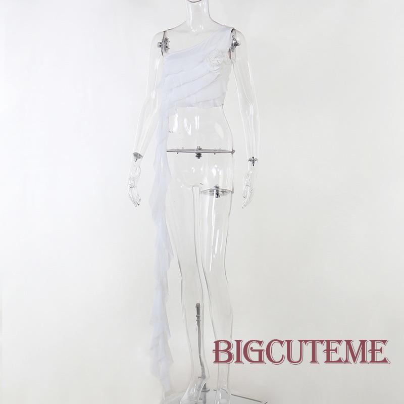 [] - Áo Crop Top Không Tay Nhún Bèo Màu Trơn Đính Hoa 3D Tua Rua Màu Trơn Thích Hợp Đi Tiệc Xuân Hè / Trắng / Cà Phê