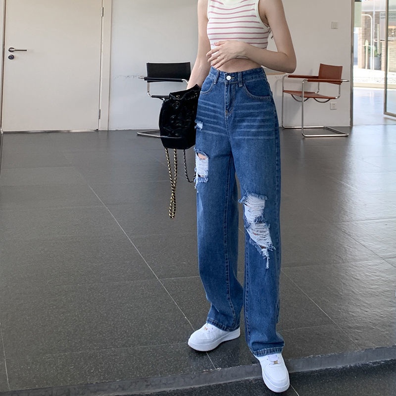 COZOK Quần Jean Lưng Cao Ống Đứng Rách Gối Thời Trang Vintage