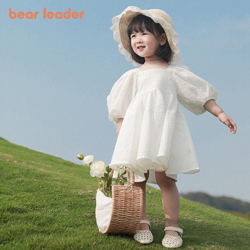 BEAR LEADER Đầm Công Chúa Tay Phồng Màu Trơn Mẫu Mới 2023 Thời Trang Mùa Hè Cho Bé Gái 1-6 Tuổi